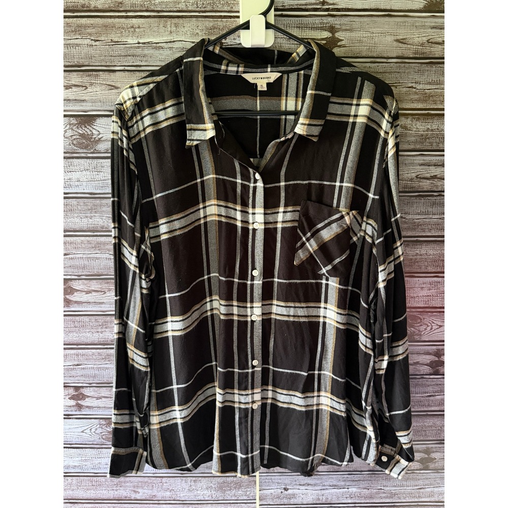 Lucky Brand Women's Long-Sleeved Button-Down Top Size XL Black White Tan Plaid